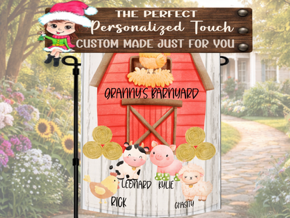 Personalized red barn outdoor flag with farm animal family design