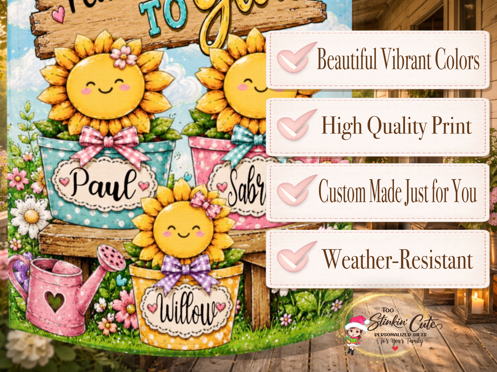 Personalized Mother’s Day garden flag with colorful flowerpots