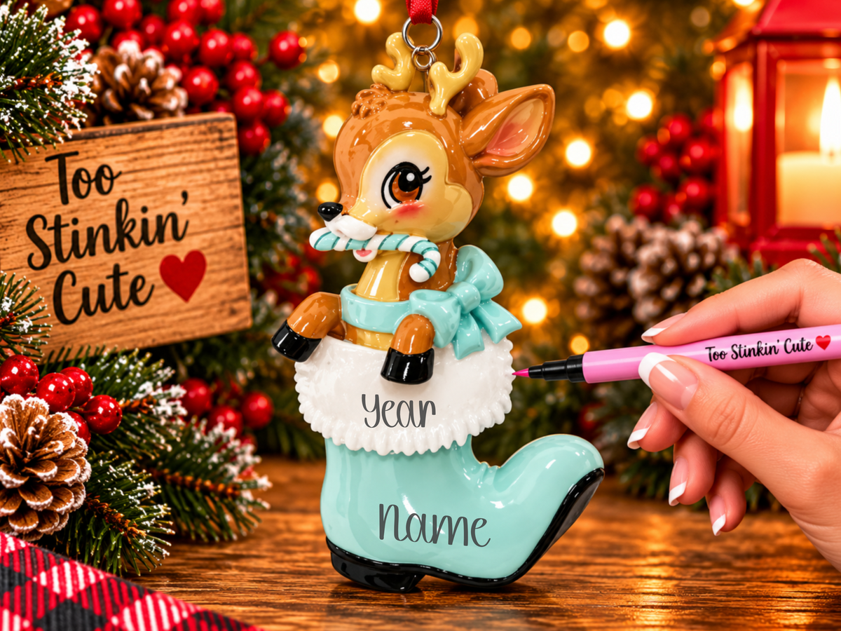 Cute reindeer holding an aqua and white striped candy cane in its mouth.