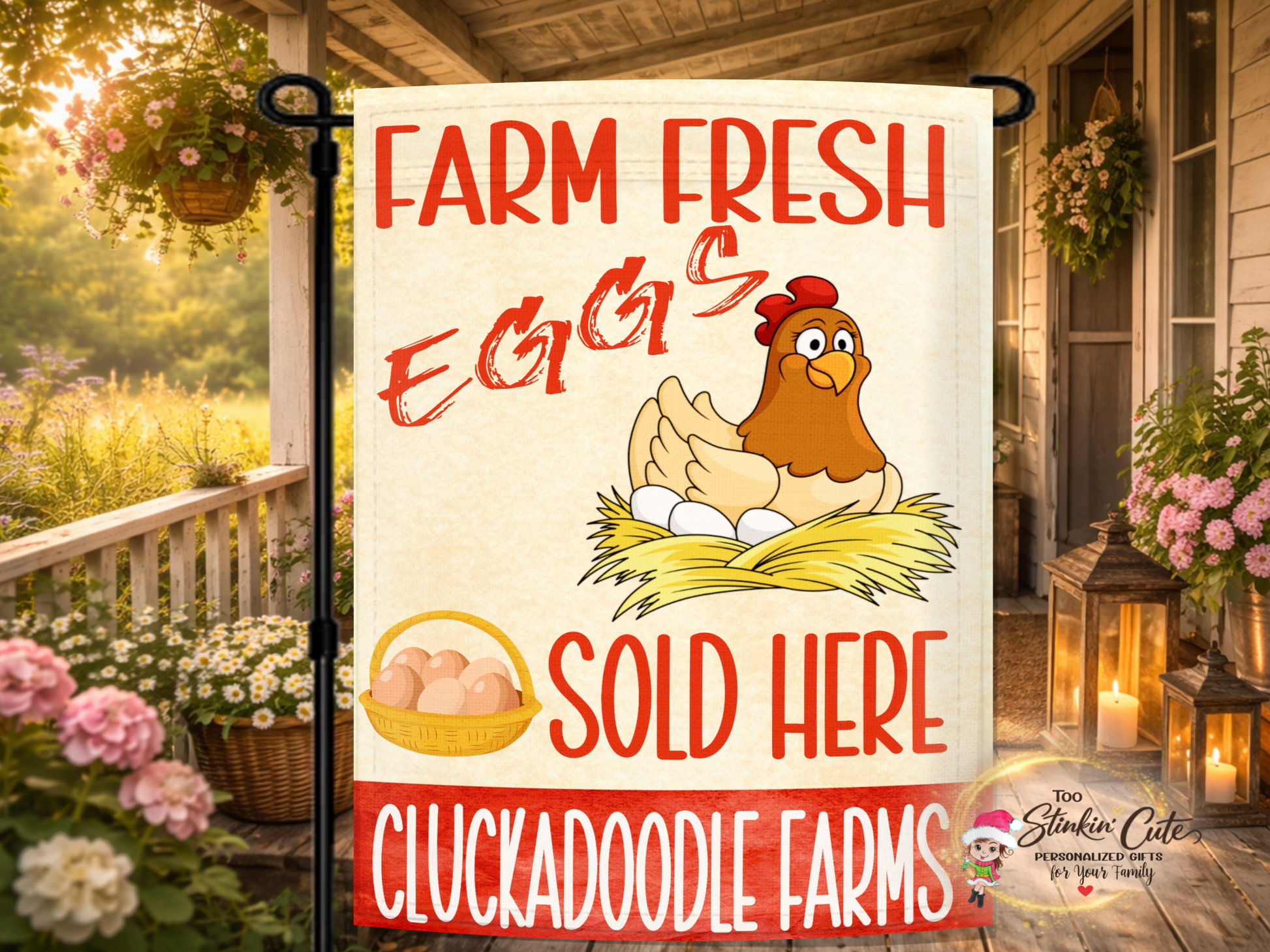 Farm fresh eggs sold here garden flag with chicken sitting on nest