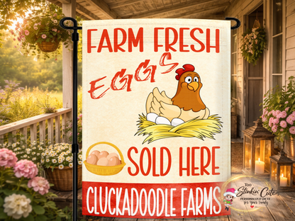 Farm fresh eggs sold here garden flag with chicken sitting on nest