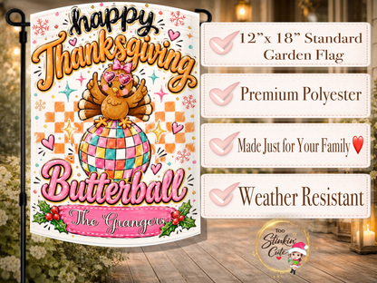 Retro Thanksgiving porch flag with a cute turkey wearing heart sunglasses, bold Happy Thanksgiving lettering, and personalized pink name plaque.