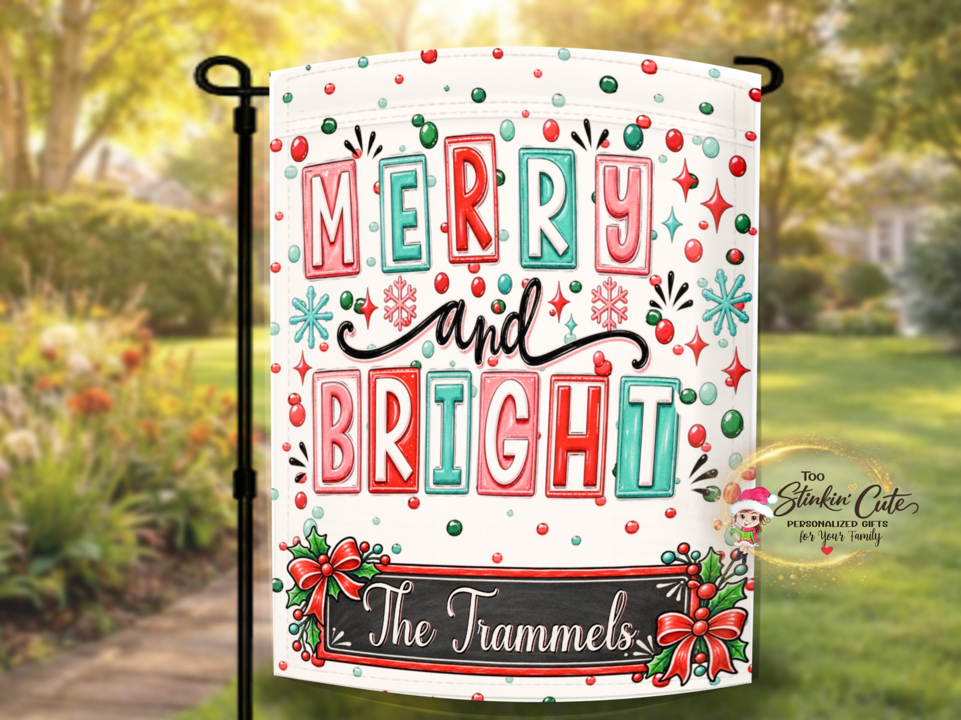 Personalized Merry and Bright holiday flag for Christmas gifts, housewarming presents, family décor, and colorful outdoor decorations.