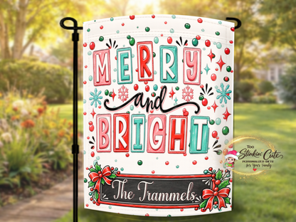 Personalized Merry and Bright holiday flag for Christmas gifts, housewarming presents, family décor, and colorful outdoor decorations.