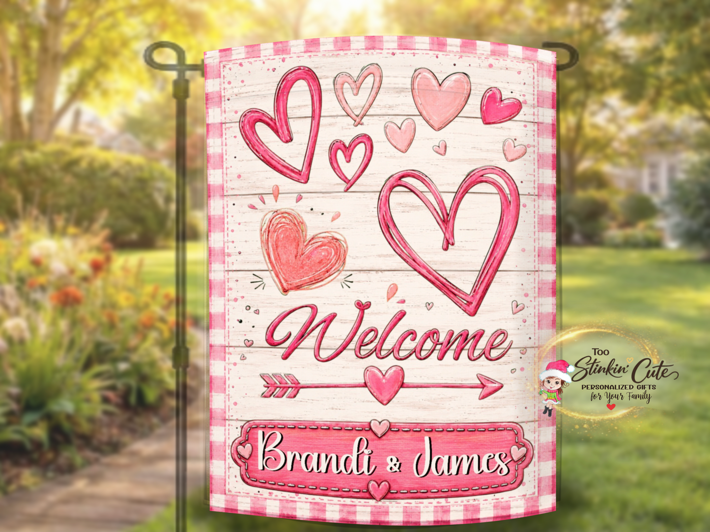 Pink Valentine welcome yard flag featuring hearts, doodles and stitched details