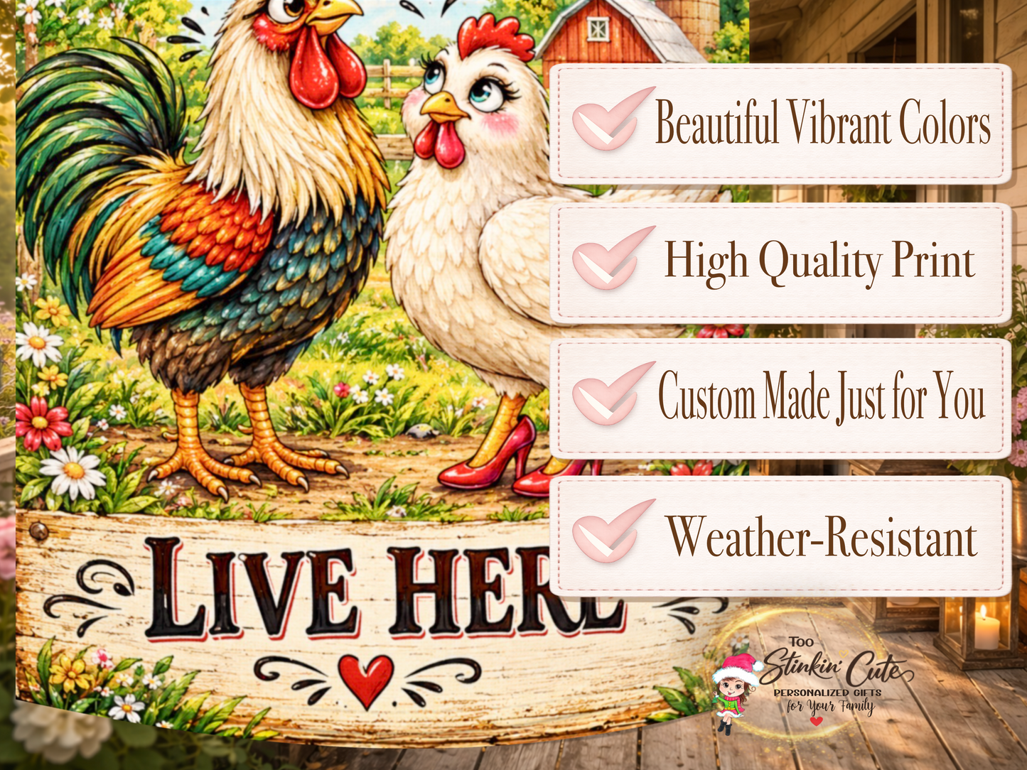 Funny couple chicken garden flag with An Old Rooster and a Cute Chick Live Here wording.