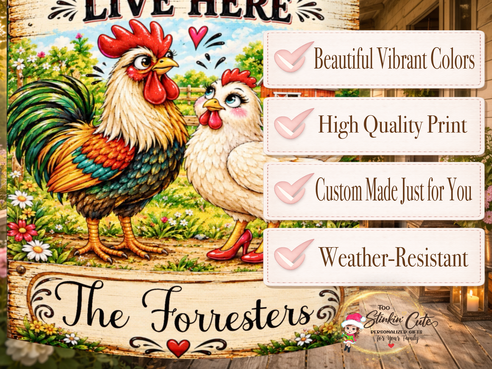 Personalized farmhouse chicken flag featuring a red barn, colorful flowers, rustic wood, and family name plaque.
