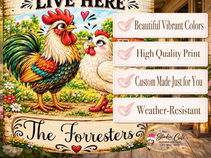 Personalized farmhouse chicken flag featuring a red barn, colorful flowers, rustic wood, and family name plaque.