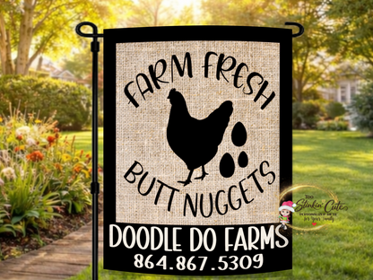 Funny farm fresh butt nuggets garden flag with chicken silhouette design