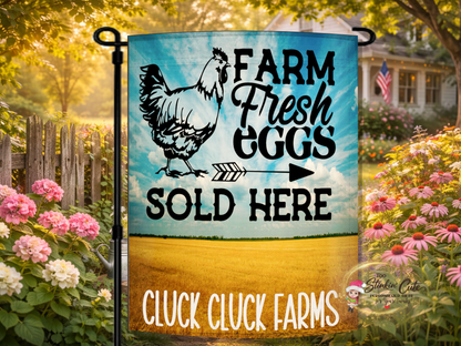 Farm fresh eggs sold here garden flag with chicken and arrow farmhouse design