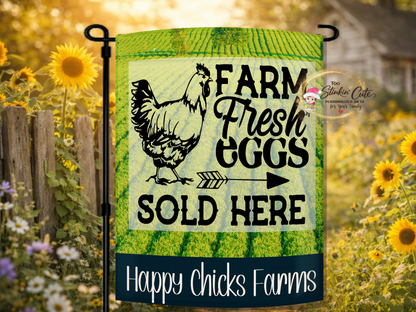 Farm fresh eggs sold here garden flag with chicken and arrow design