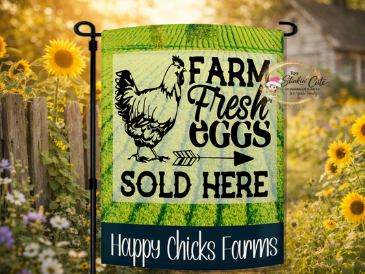 Farm fresh eggs sold here garden flag with chicken and arrow design