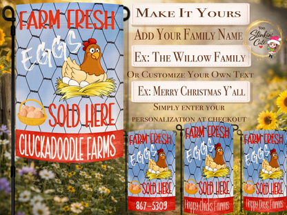Rustic farmhouse chicken yard flag advertising fresh eggs for sale
