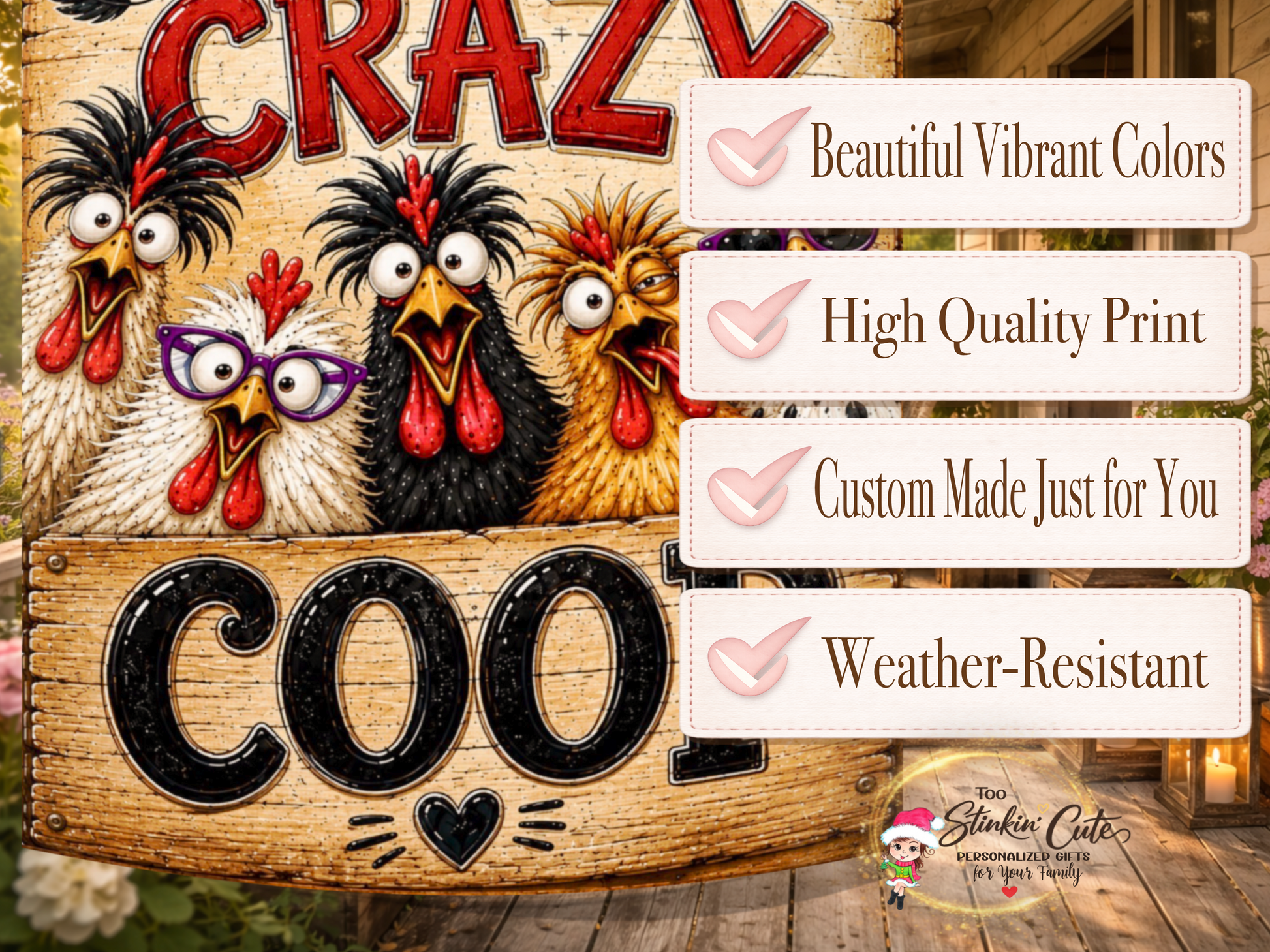 Whimsical chicken porch flag designed for backyard chicken keepers, farmers, homesteaders, and chicken lovers.
