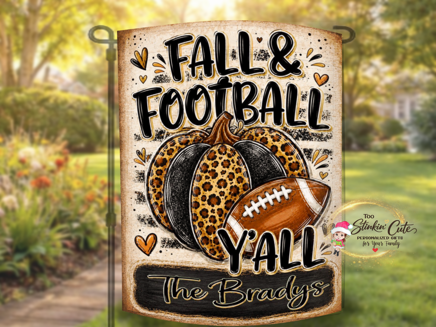 Personalized game-day yard flag designed for a football-loving family