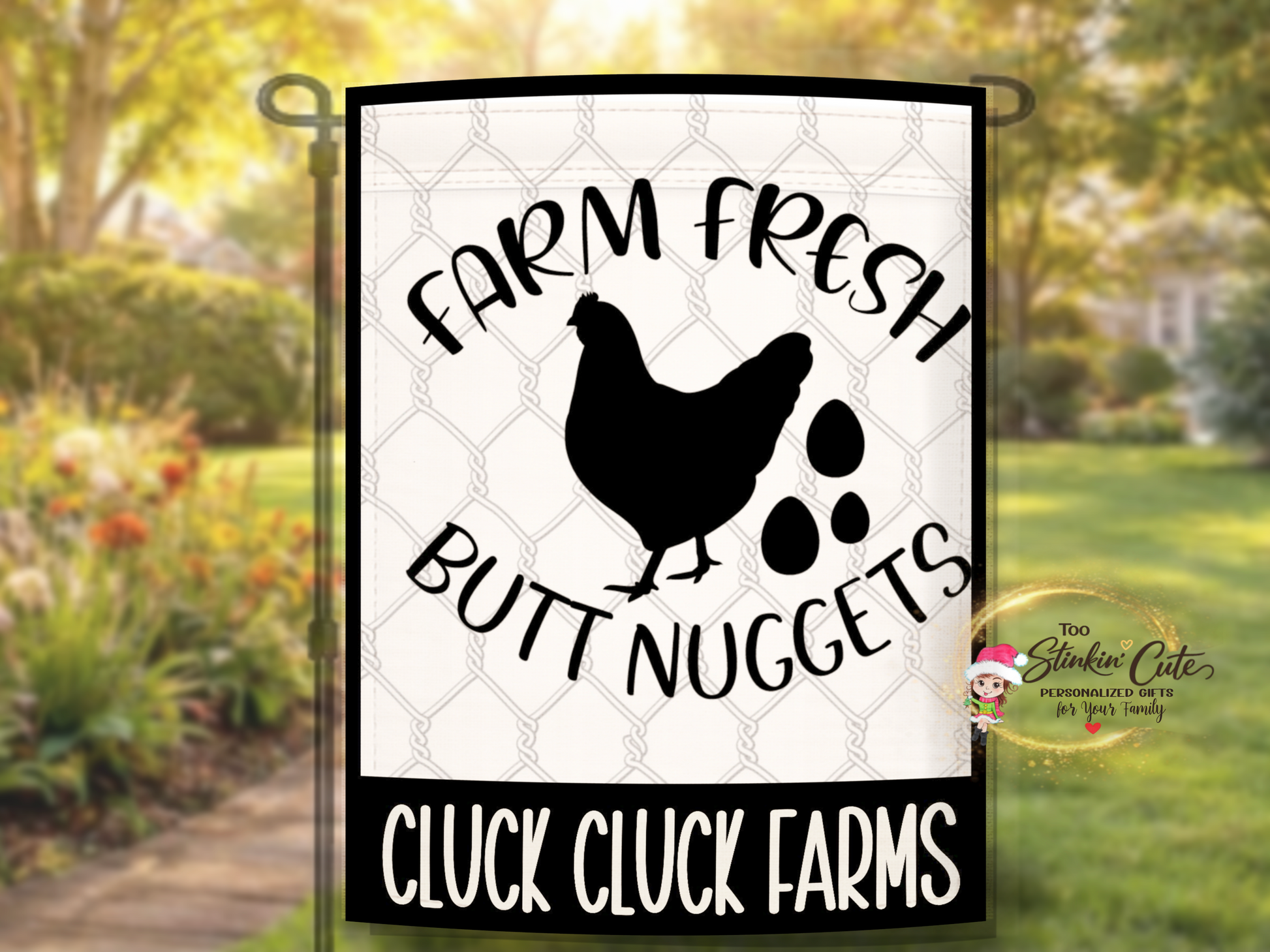 Farmhouse chicken garden flag with funny butt nuggets quote and black border
