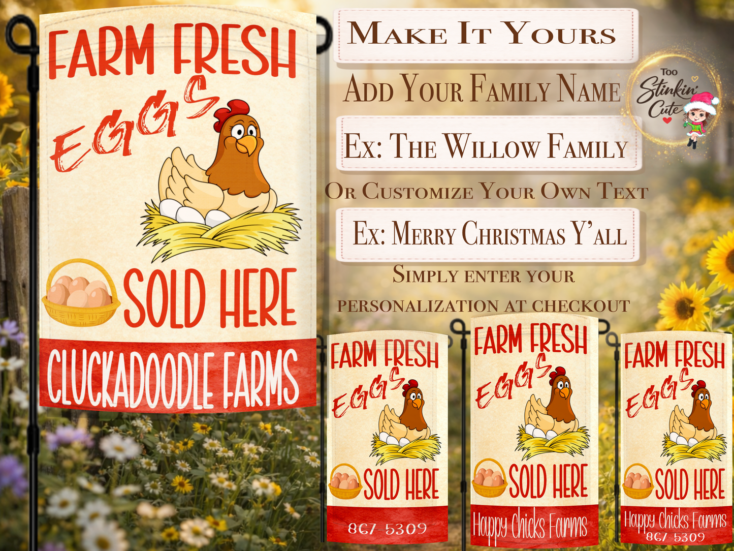 Rustic farmhouse chicken yard flag advertising fresh eggs for sale
