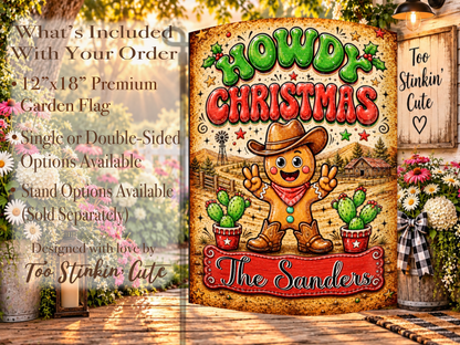 Cute cowboy gingerbread holiday flag with two decorated cactus plants and custom wording displayed on a red western plaque.