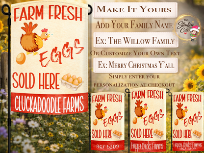 Rustic farmhouse chicken coop flag advertising fresh eggs for sale