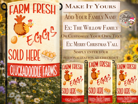 Rustic farmhouse chicken coop flag advertising fresh eggs for sale