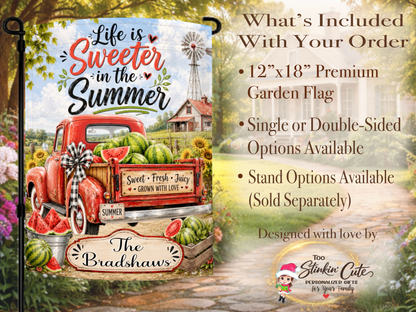 Personalized summer porch flag featuring rustic red truck and fresh watermelon