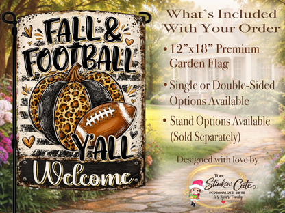 Leopard-print pumpkin garden flag designed for fall football season