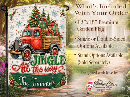 Personalized Christmas truck yard flag with classic red and green colors, rustic wood details, snowflakes, and custom wording.