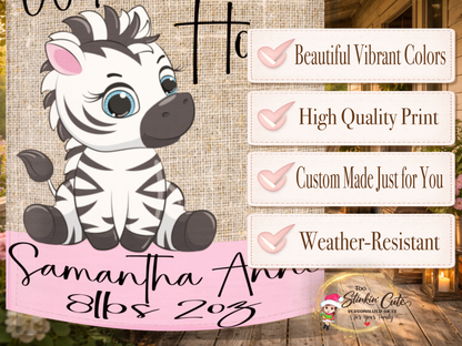 Welcome home baby garden flag with pink bunting and zebra illustration