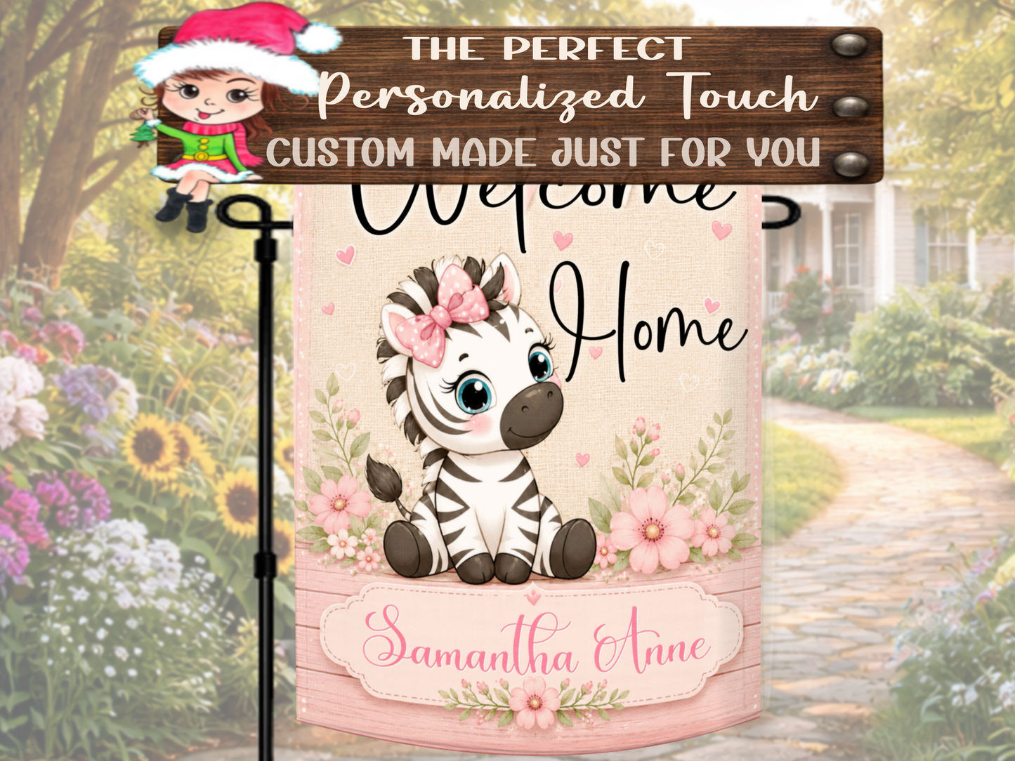 Zebra-themed personalized garden flag with floral accents