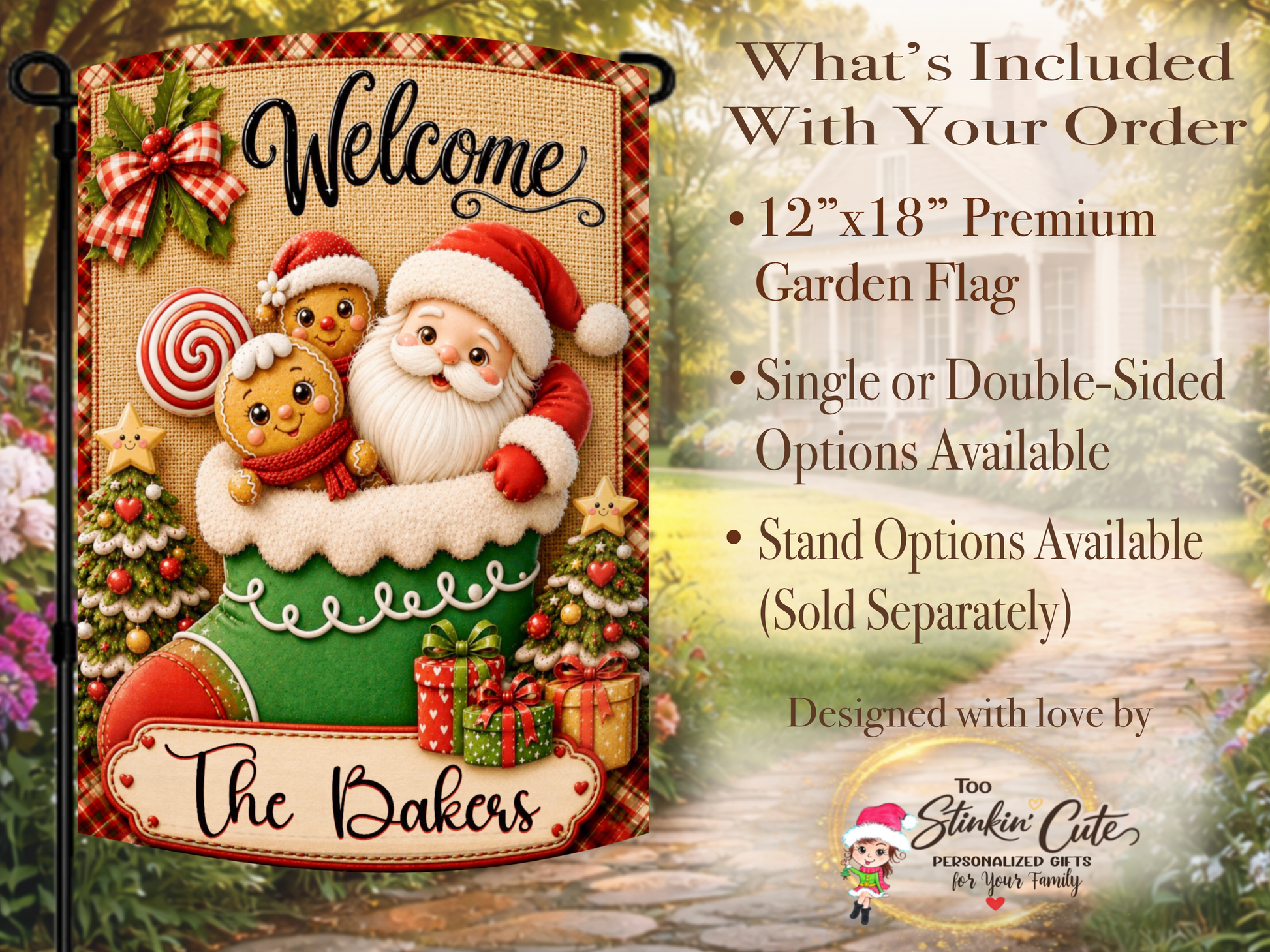 Cute Christmas garden flag with Santa, gingerbread cookies, plaid trim, and custom surname.
