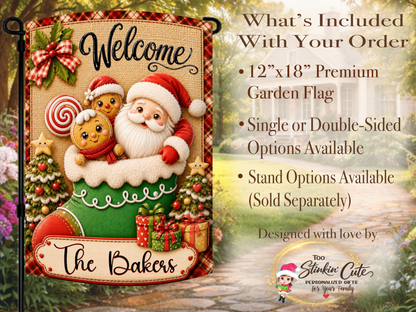 Cute Christmas garden flag with Santa, gingerbread cookies, plaid trim, and custom surname.