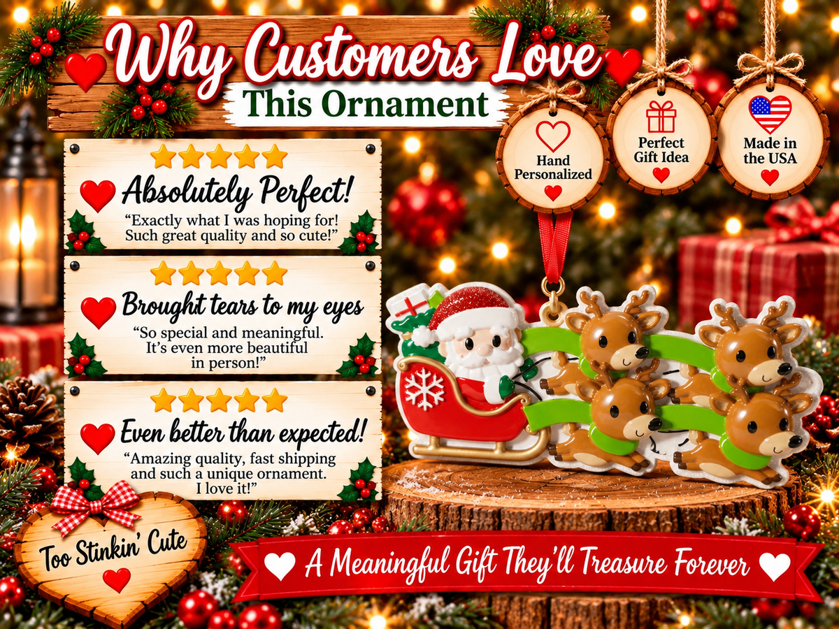 Personalized Santa Sleigh Reindeer Family of 4 Christmas Ornament – Custom Five Names, Holiday Family Keepsake
