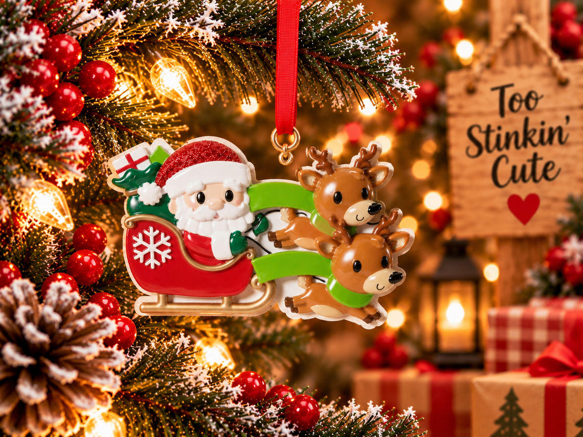 Reindeer sleigh ornament displayed beside a wooden Too Stinkin’ Cute sign, evergreen greenery, and pinecones.