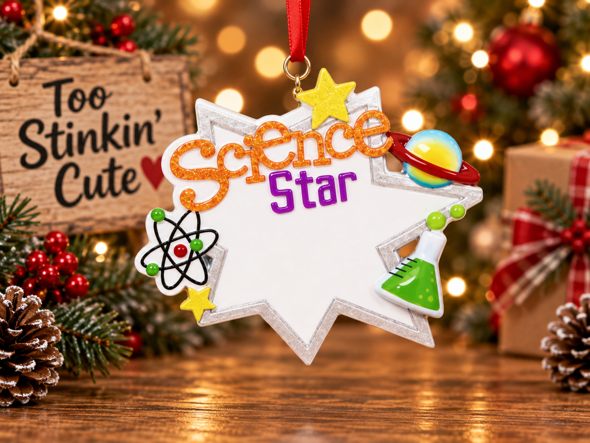 Hand-personalized chemistry teacher ornament with a festive red hanging ribbon