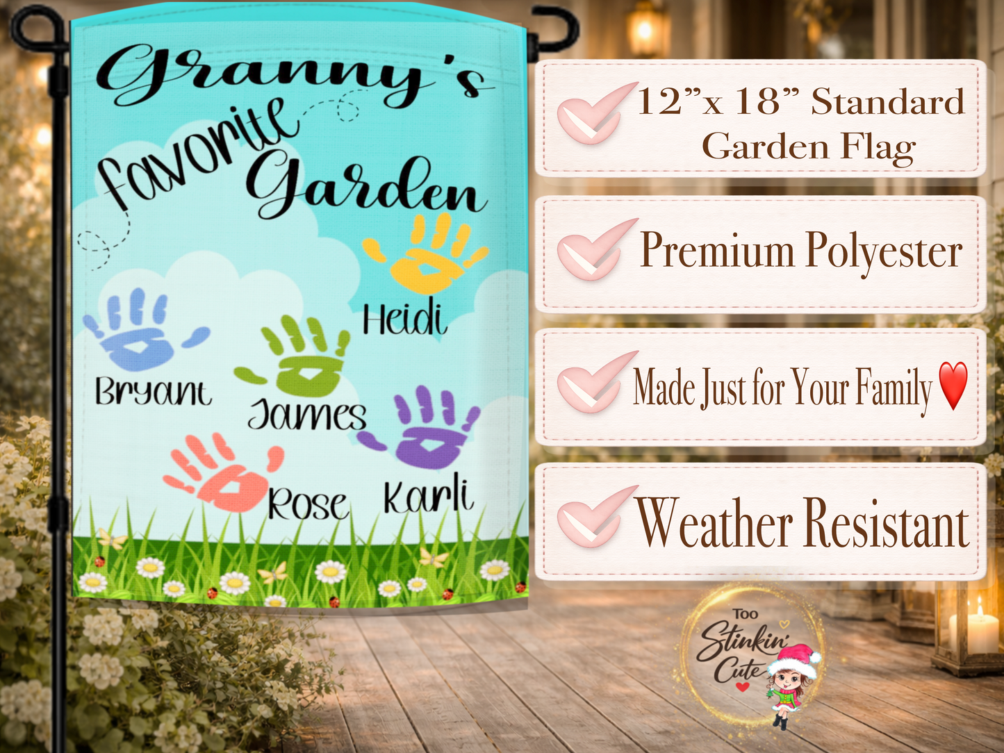 Cute custom garden décor flag for Granny from grandchildren