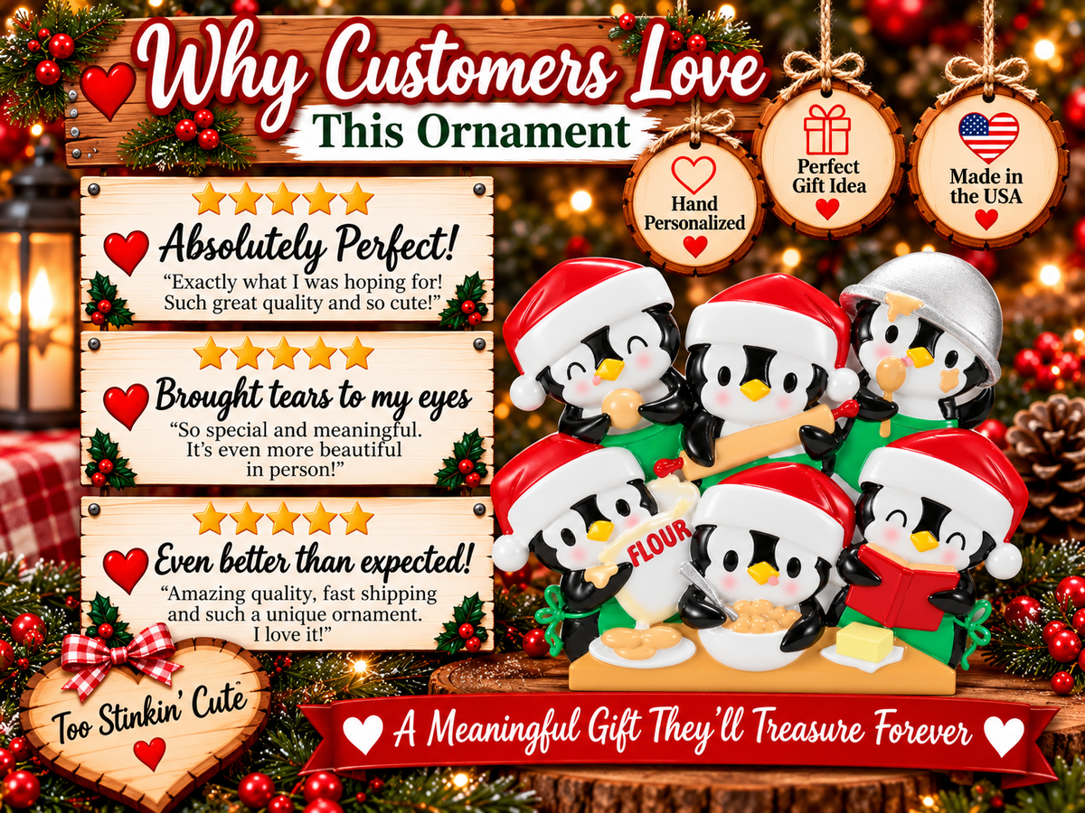 Six penguin baking Christmas ornament hanging from a red ribbon against warm holiday lights.