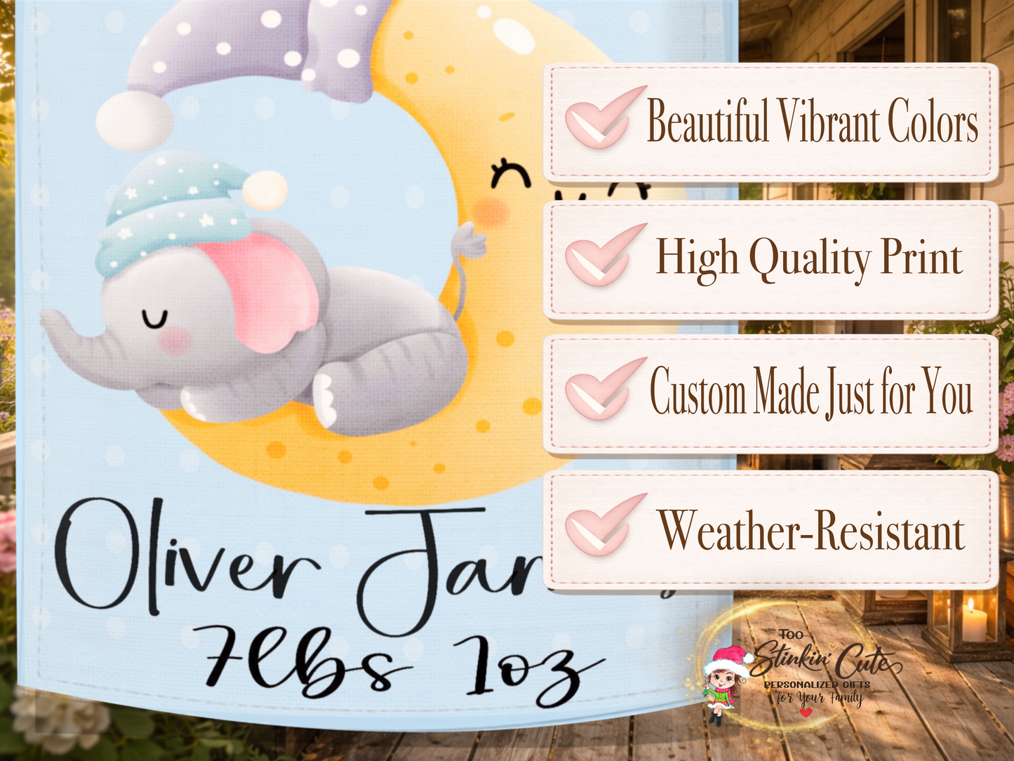 Newborn baby boy outdoor décor customized with baby name and birth weight