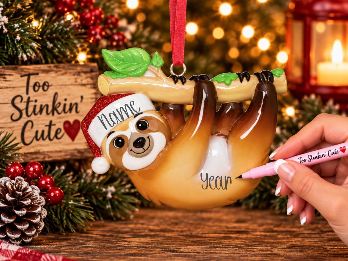 Custom name sloth ornament with an optional year for the Christmas tree