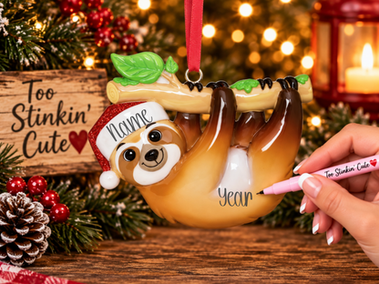 Custom name sloth ornament with an optional year for the Christmas tree