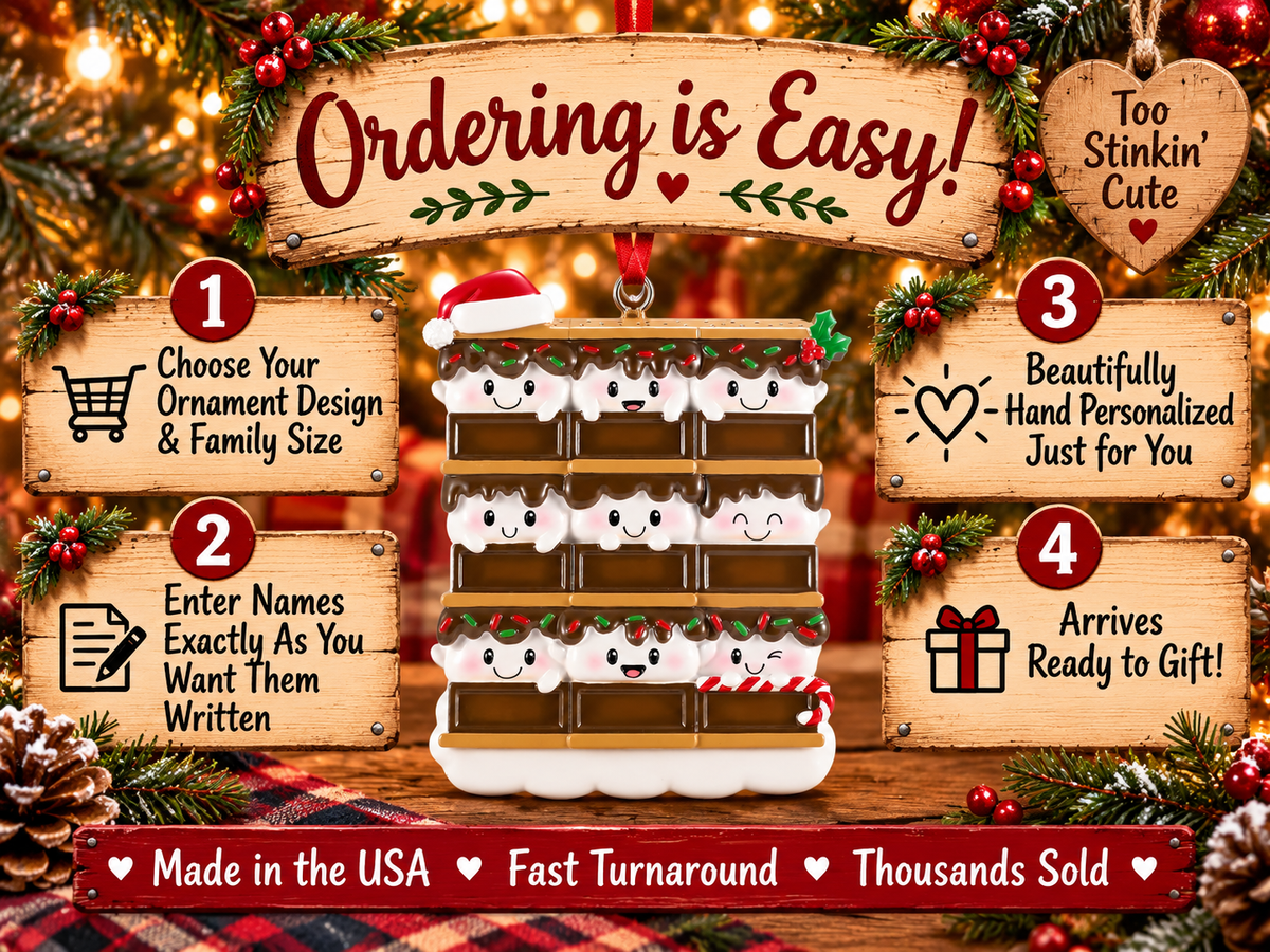 Family of nine s’mores ornament decorated with a red Santa hat, green holly, and red berries.