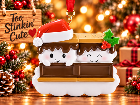 S’mores family of two Christmas ornament featuring two smiling marshmallow characters arranged side by side.