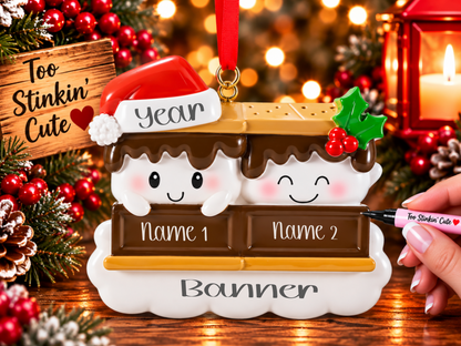 Two white marshmallows nestled between brown chocolate bars and golden graham crackers.