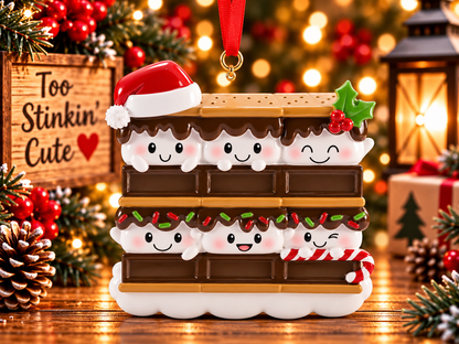 S’mores family of six ornament with six blank chocolate name sections and a white marshmallow base.