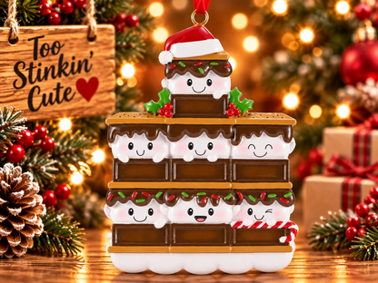S’mores family of seven Christmas ornament with one marshmallow on top, three in the middle, and three on the bottom.