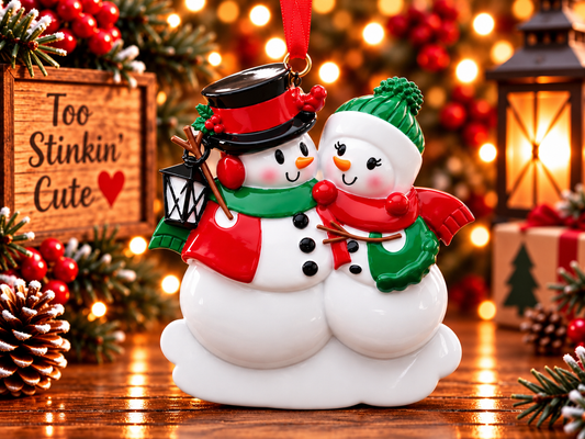 Snowman couple Christmas ornament featuring two smiling snowmen cuddled together on a white snowy base.