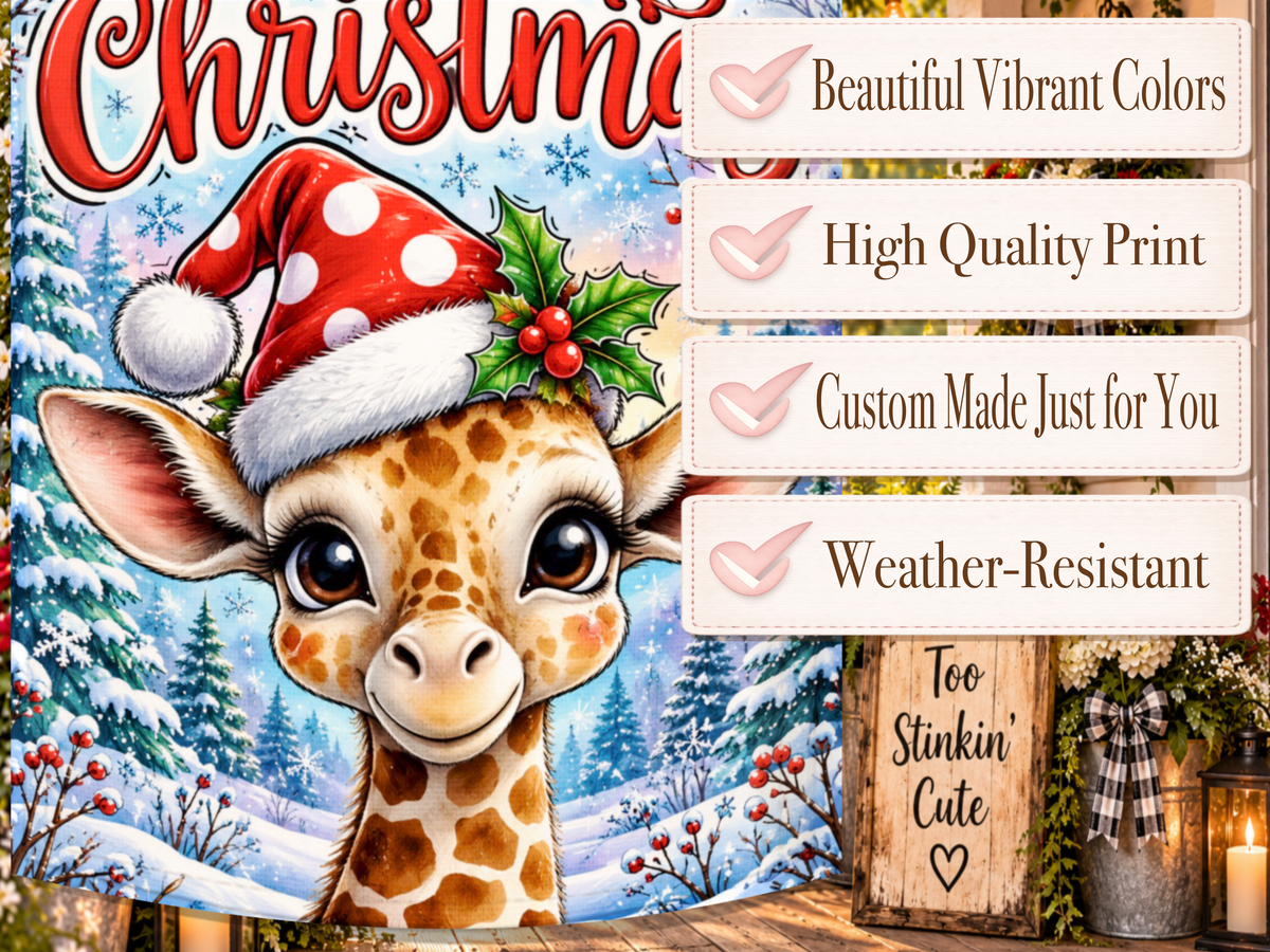 Whimsical animal Christmas garden flag featuring a smiling giraffe surrounded by snow-covered trees and frosty branches.