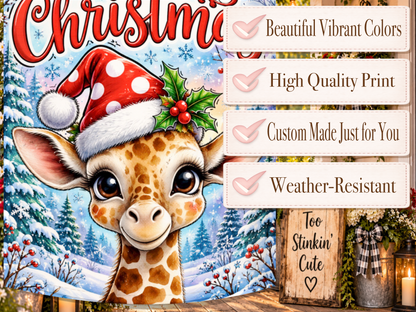 Whimsical animal Christmas garden flag featuring a smiling giraffe surrounded by snow-covered trees and frosty branches.