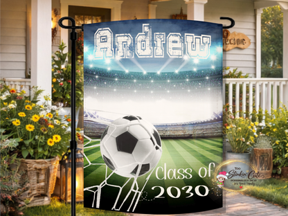 Personalized soccer graduation garden flag with stadium field design