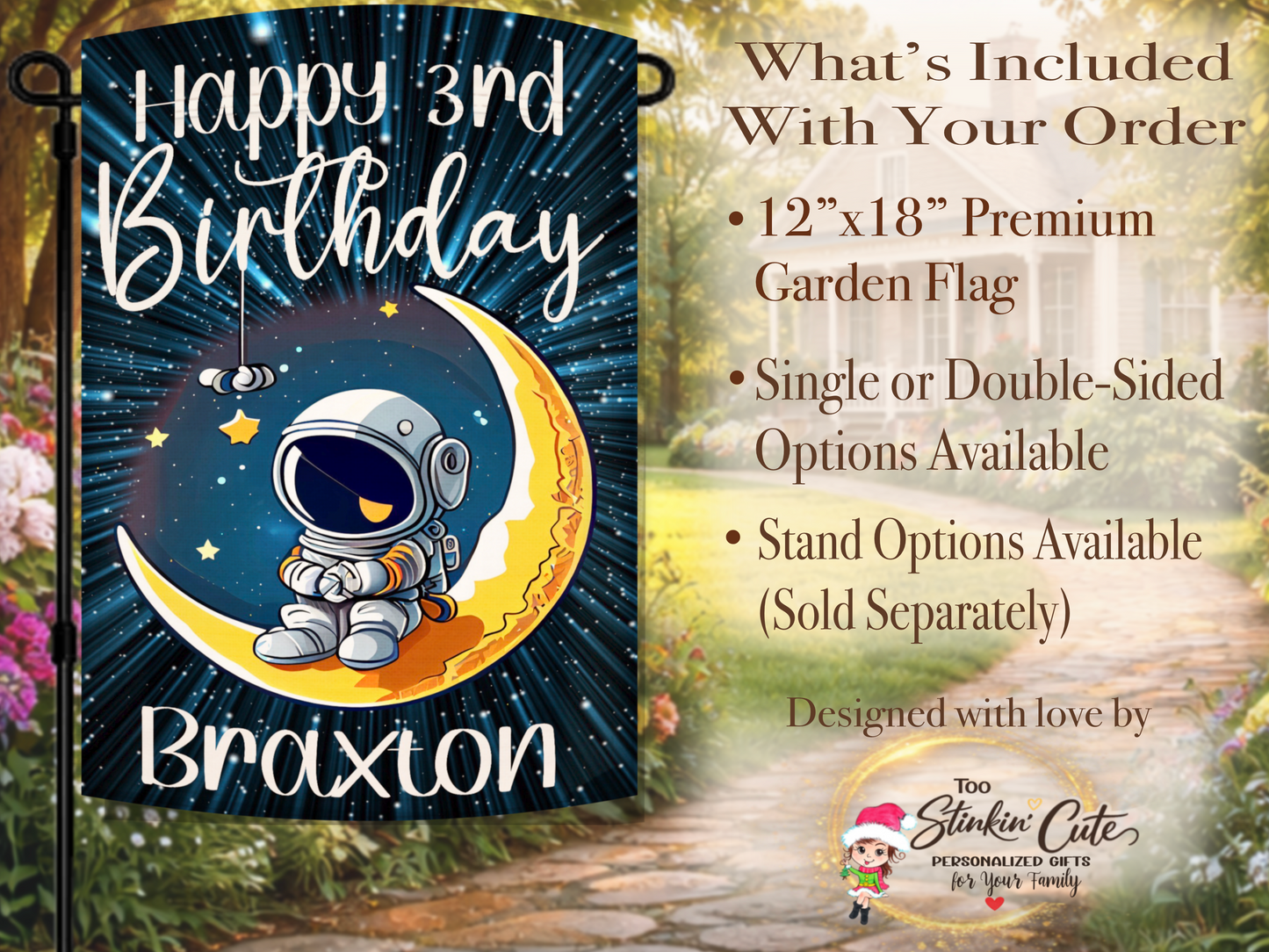 Space birthday yard decor flag personalized with child’s name and birthday age
