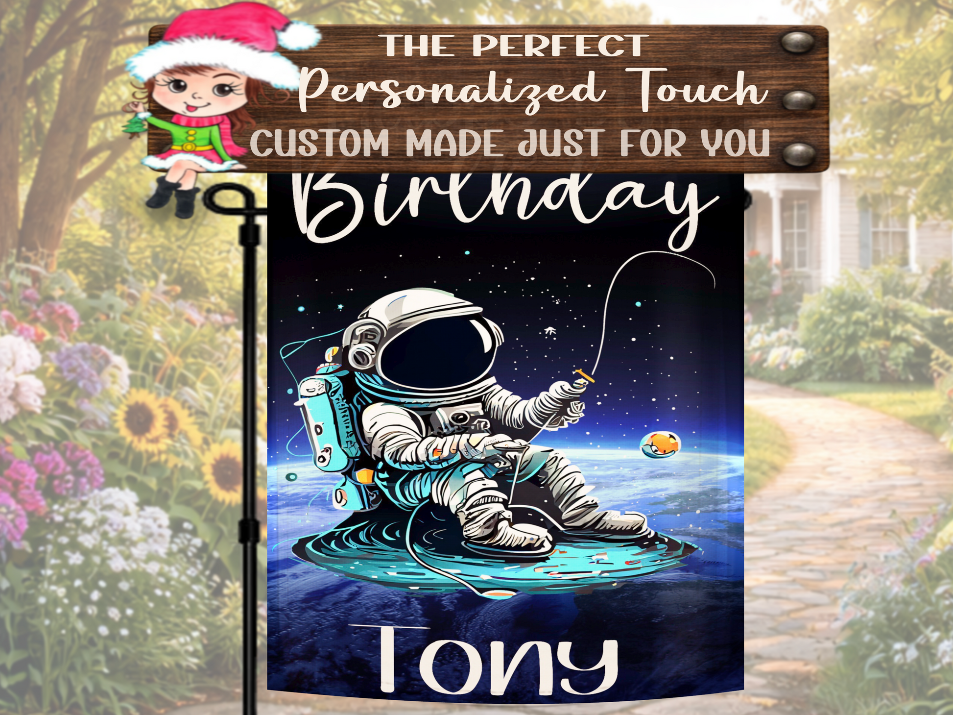 Weather resistant personalized astronaut birthday outdoor garden flag